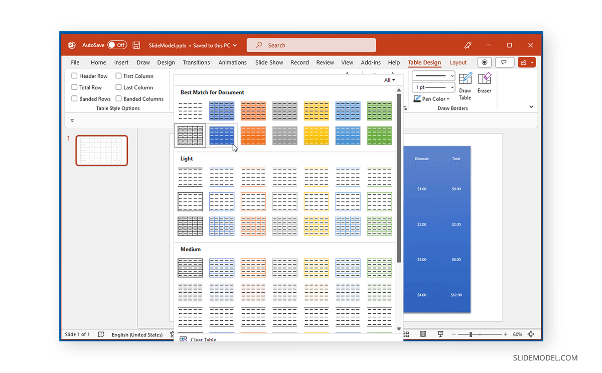 Table styles in PowerPoint