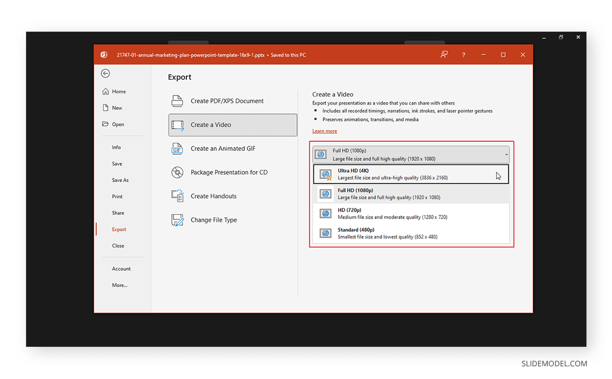 Video exporting options in PowerPoint