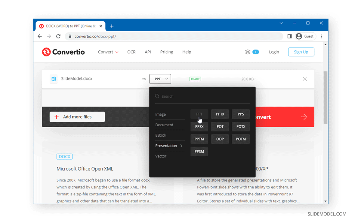 using Convertio to convert a Word file into PPT format