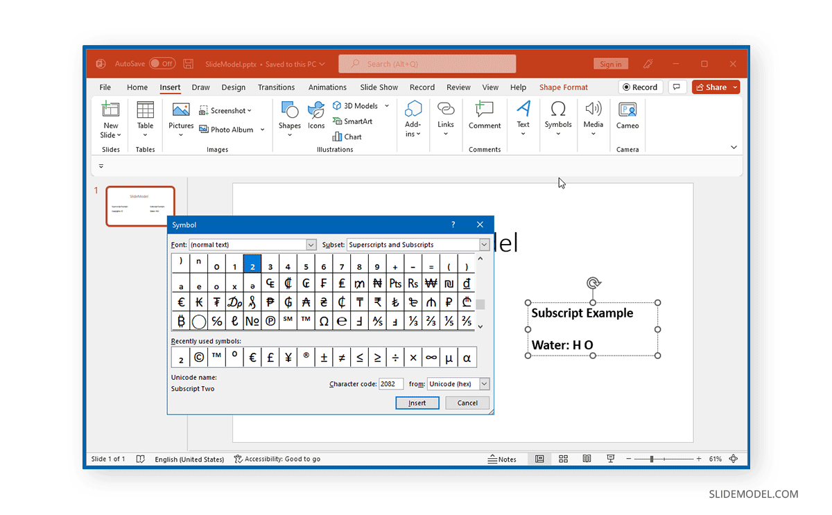 Insert subscript symbol in PowerPoint