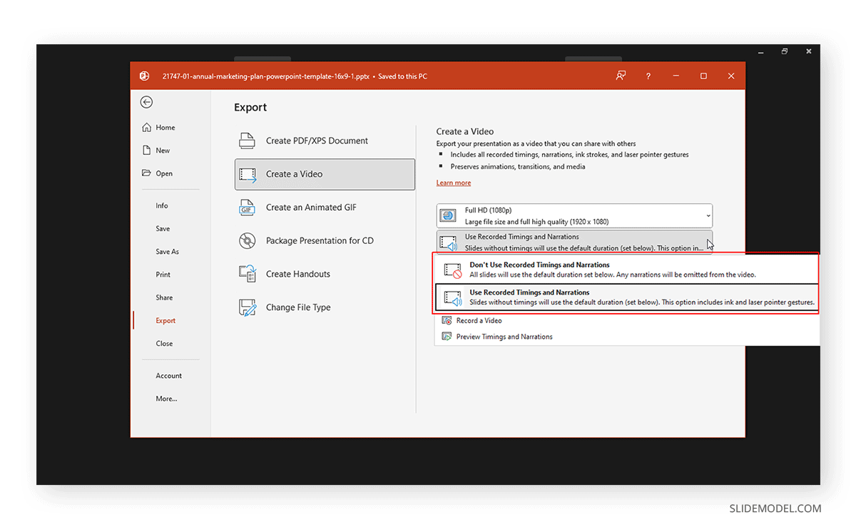 Narration settings for video export in PowerPoint