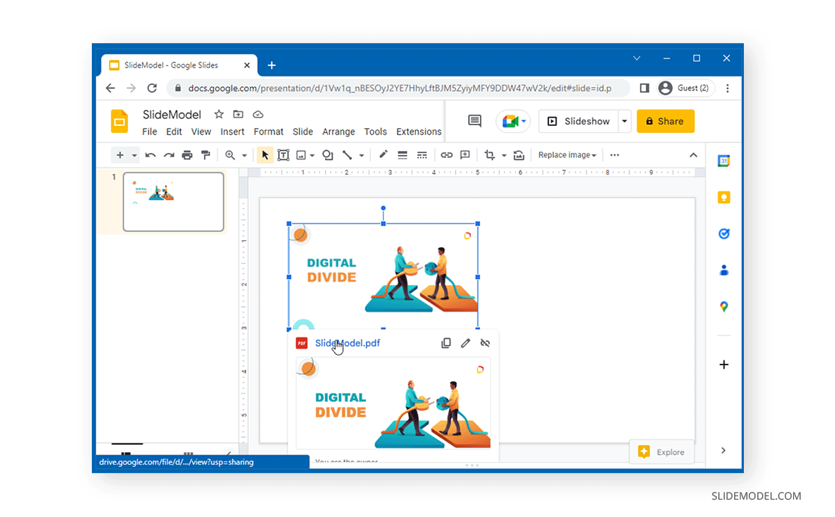 Previewing the PDF hyperlink in Google Slides