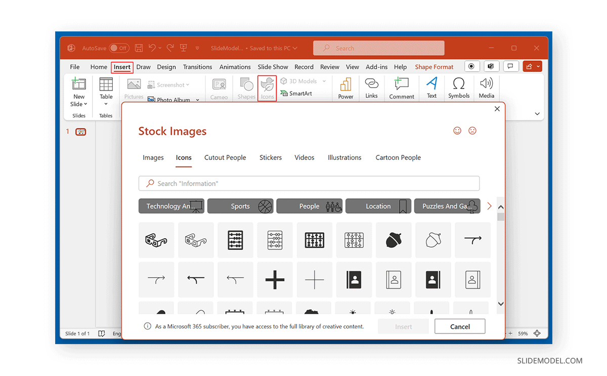 How to insert icons from Office 365 to a mind map