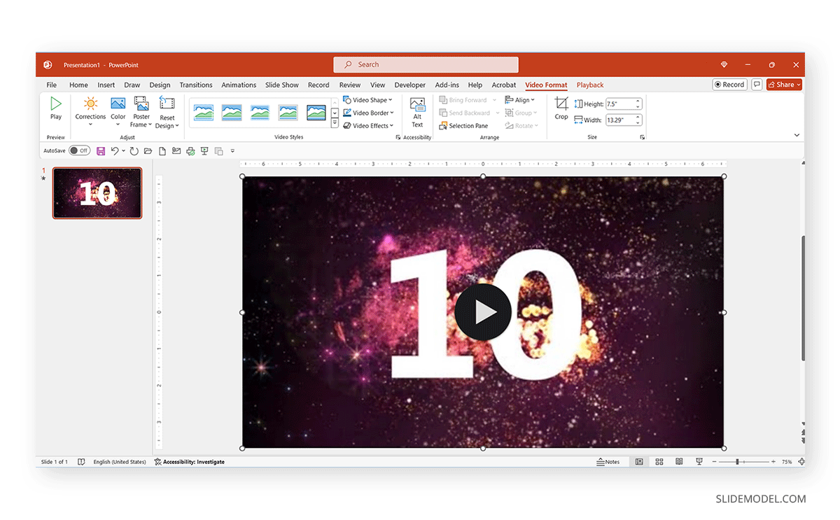 Editing video settings in Video Format in PowerPoint