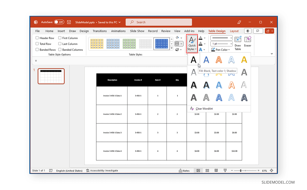 Quickstyles for tables in PowerPoint