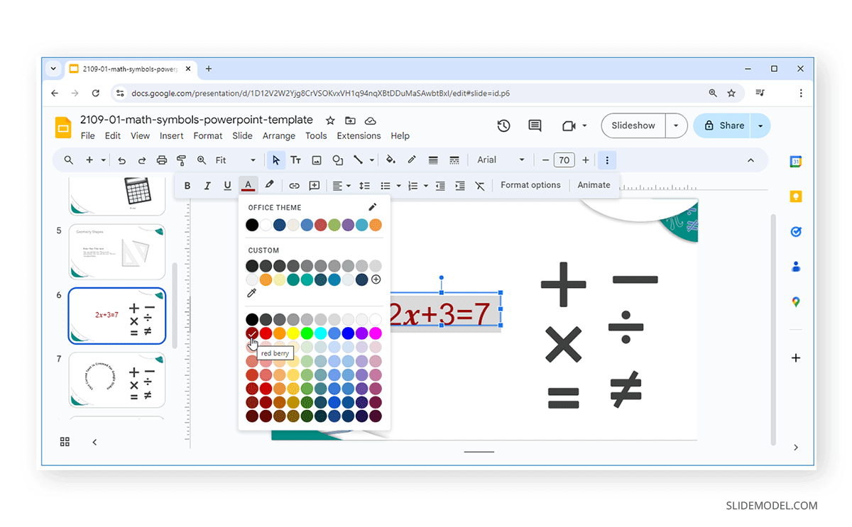 Changing color to an equation in Google Slides