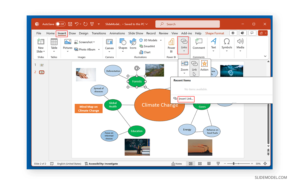 Inserting a hyperlink to a mind map