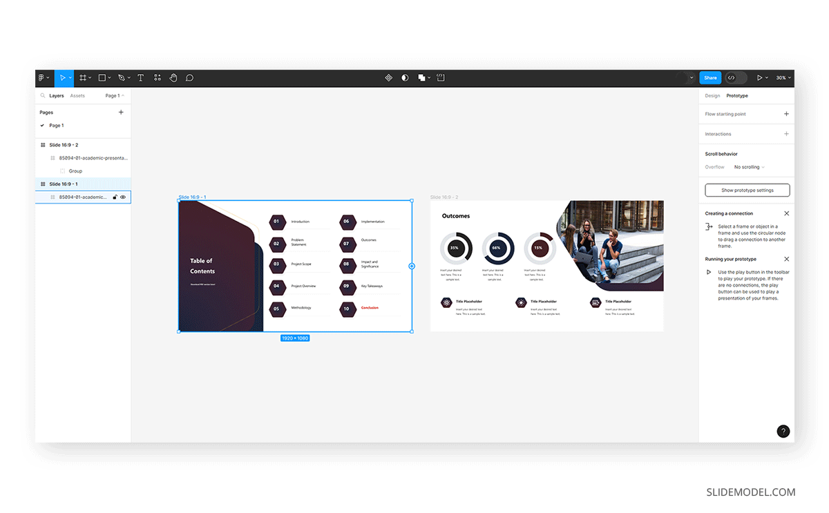 Accessing the new transition button for frames in Figma