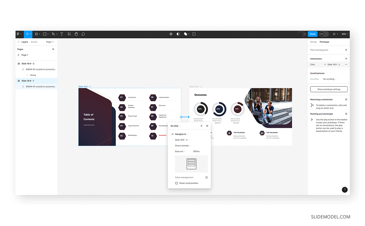 Transition options for frames in Figma's Prototype mode