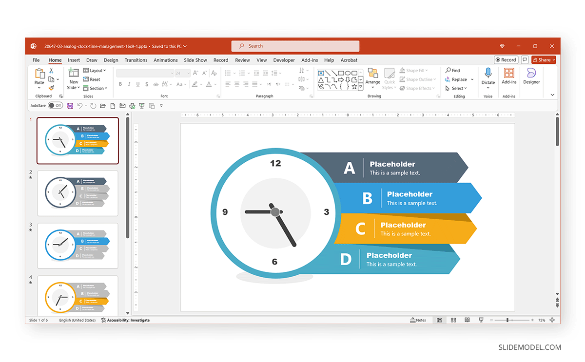 Analog Clock Time Management Diagram for PowerPoint