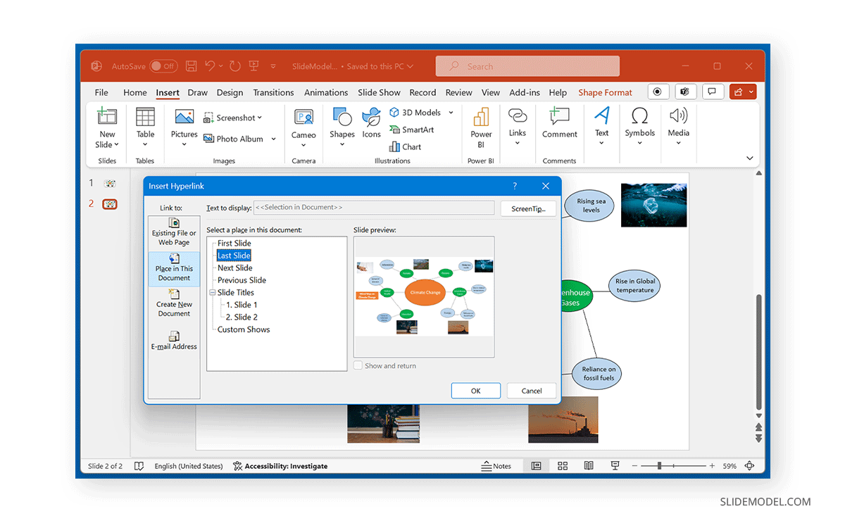 Link to an existing slide in a mind map