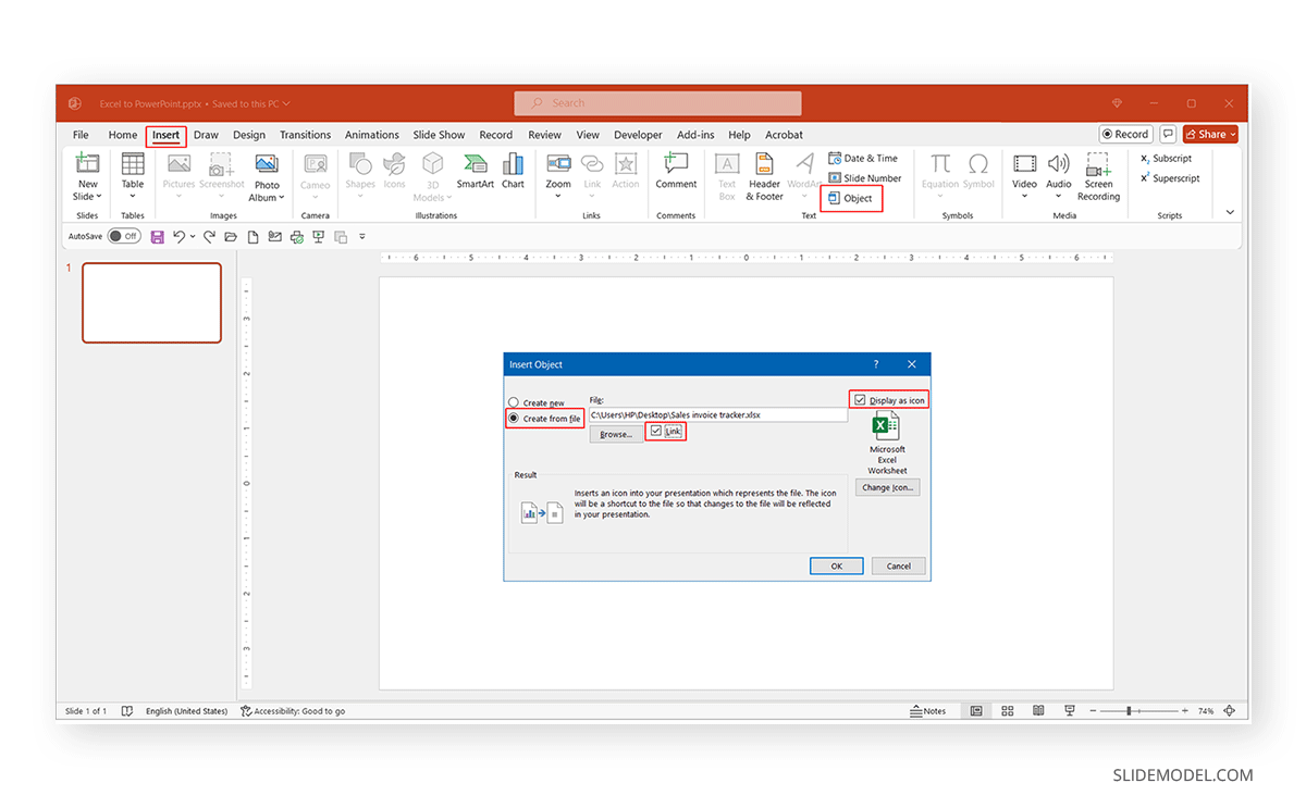 Display linked object as an icon in PowerPoint