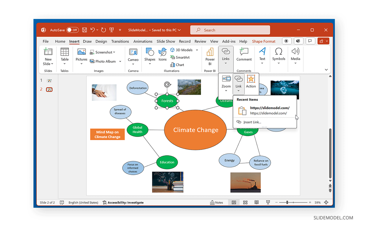 Hyperlink to website in a mind map