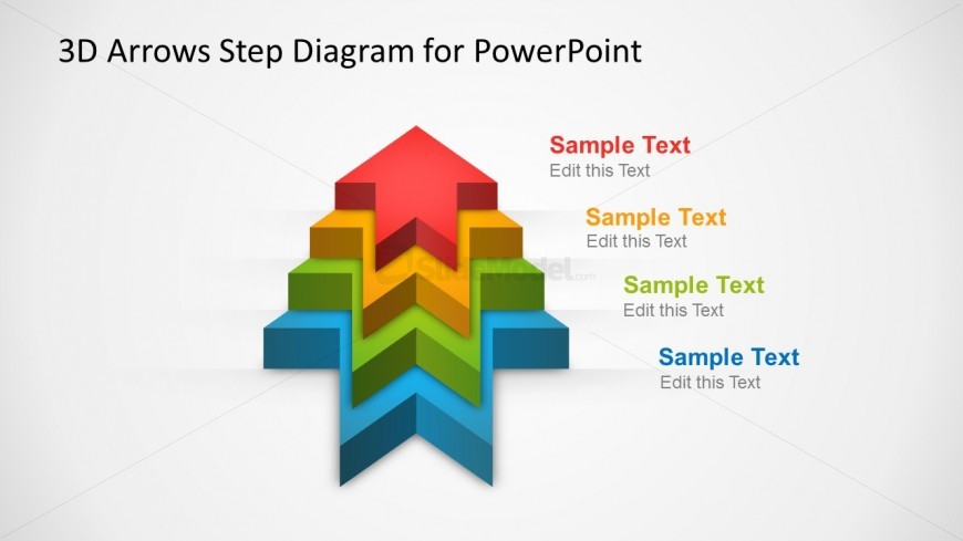 Four 3D arrows template forming a stage diagram in PowerPoint with editable shapes