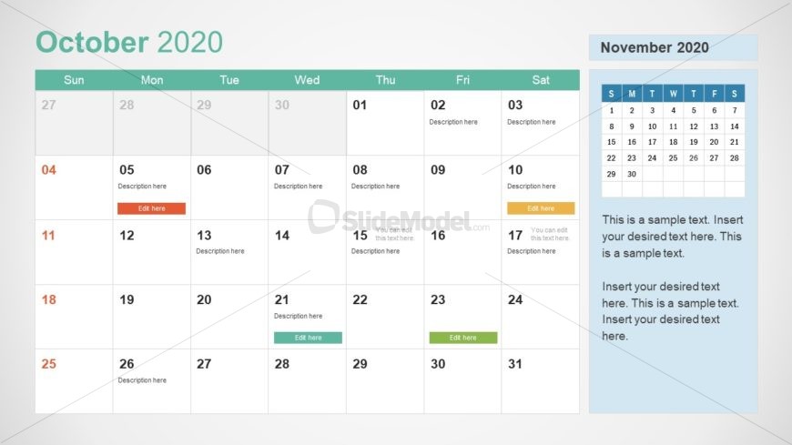 October Calendar PowerPoint Template for 2020