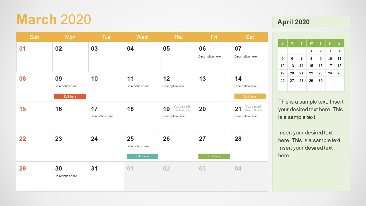 March Calendar PowerPoint Template for 2020