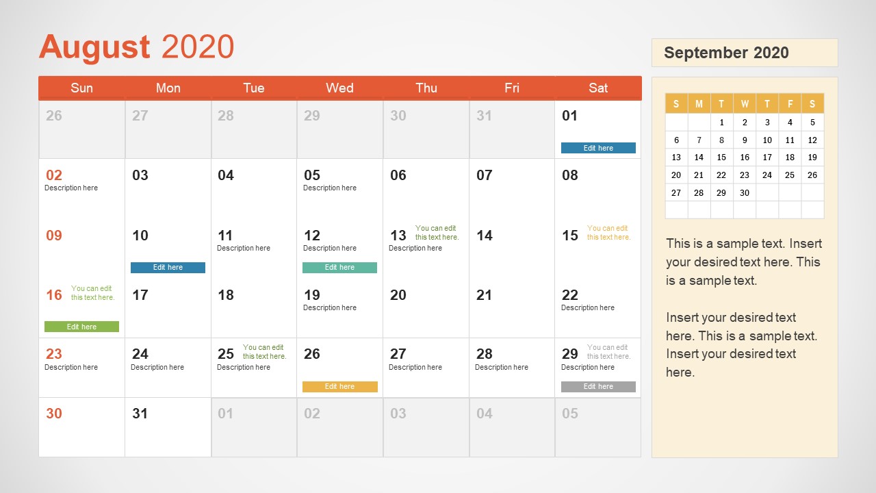 August Calendar PowerPoint Template for 2020