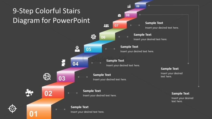 9-Step Colorful Stairs PPT Slide