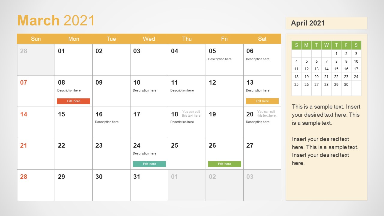 March 2021 Calendar Template Slide 