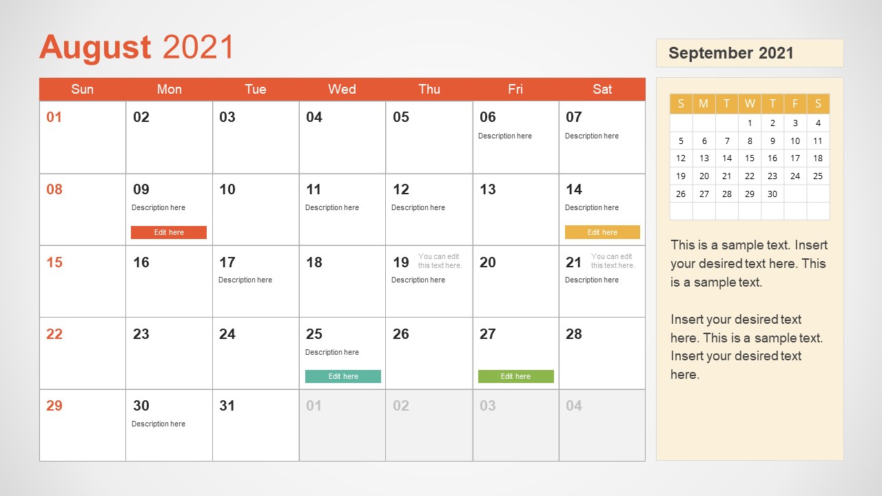 August 2021 Calendar Template Slide 
