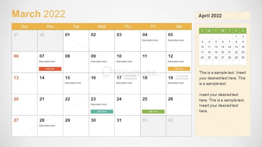 Template of March 2022 Calendar
