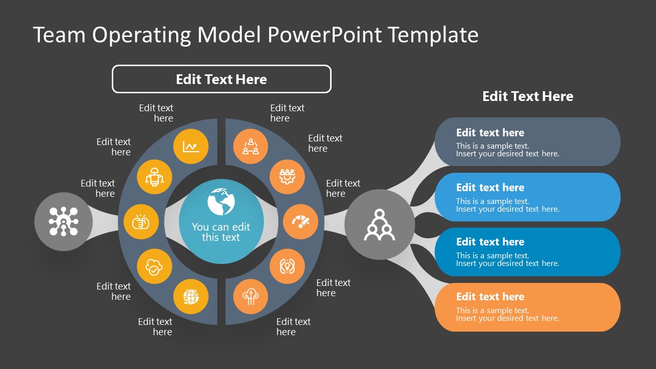 Team Operating Model Slide for PowerPoint is a presentation slide design for PowerPoint with a dark background and a series of diagrams depicting a Team Operating Model. The editable text placeholders can be used to prepare a presentation on Team Operating principles and model.
