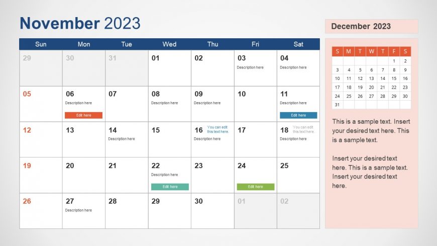 November 2023 Calendar Slide for PPT Presentation