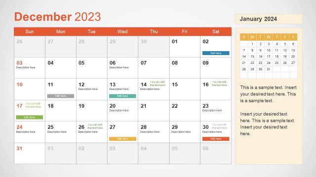 PowerPoint Calendar Slide Template for December 2023