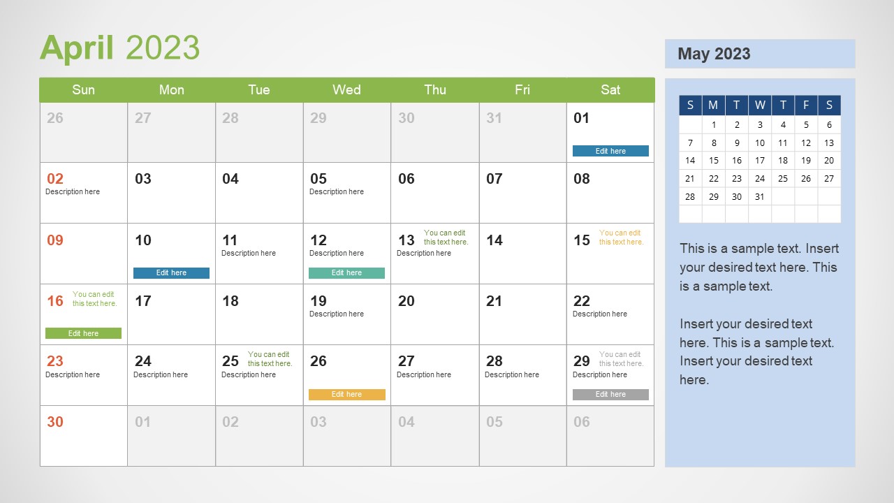 Editable Calendar Slide for April 2023