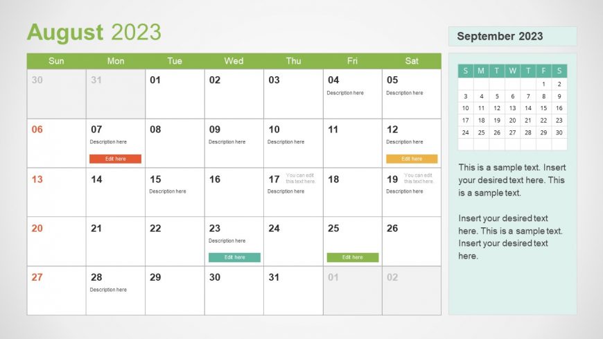 Calendar for August 2023 - PPT Presentation Template