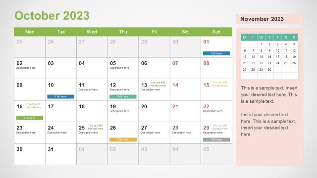 Editable October Month Calendar Slide Template