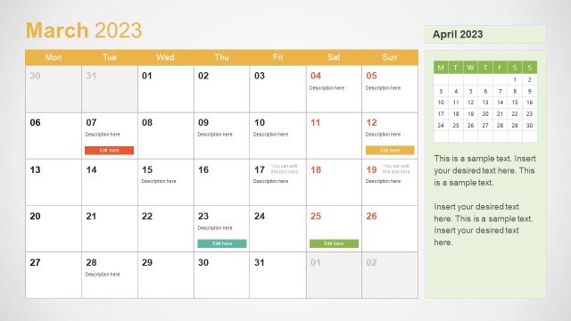March Month Calendar Slide for PPT