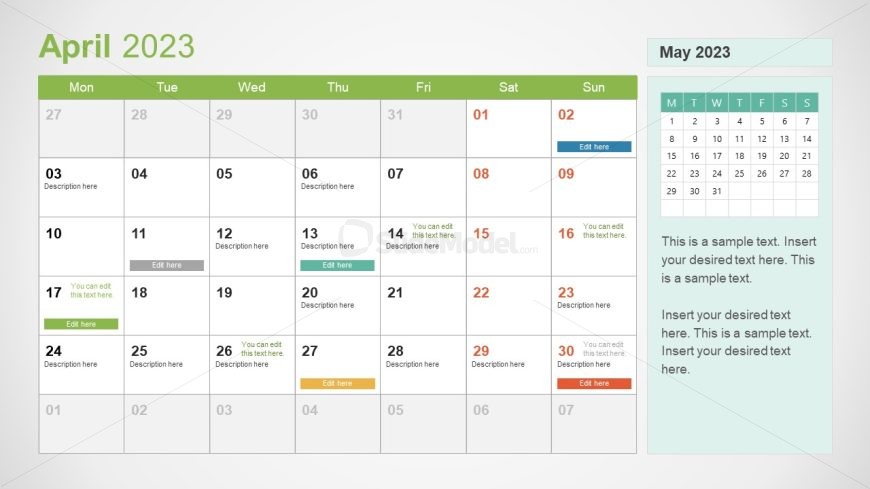 PPT April Month Calendar - Editable Matrix Slide