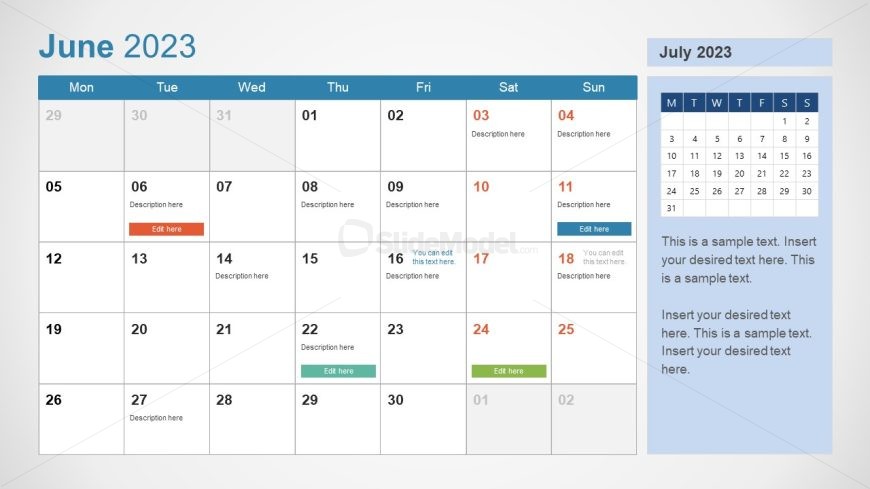 Editable June Calendar Slide with Editable Segments 