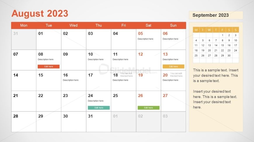 August Month Calendar Slide - Calendar PPT Template