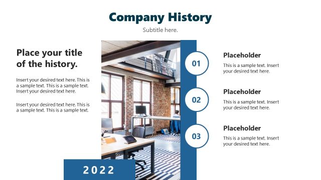 Company History Timeline Slide with Image Placeholder
