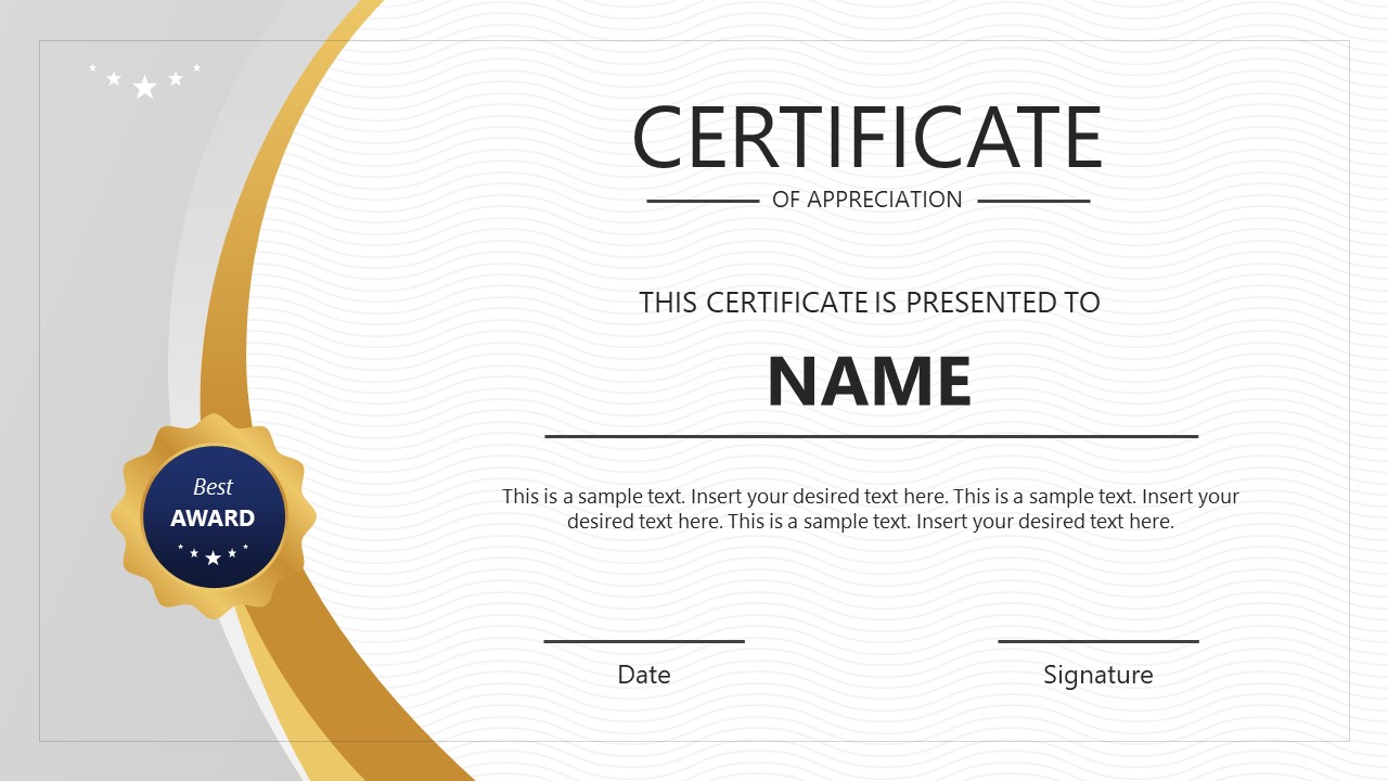 Editable Award Certificate for PowerPoint Presentation
