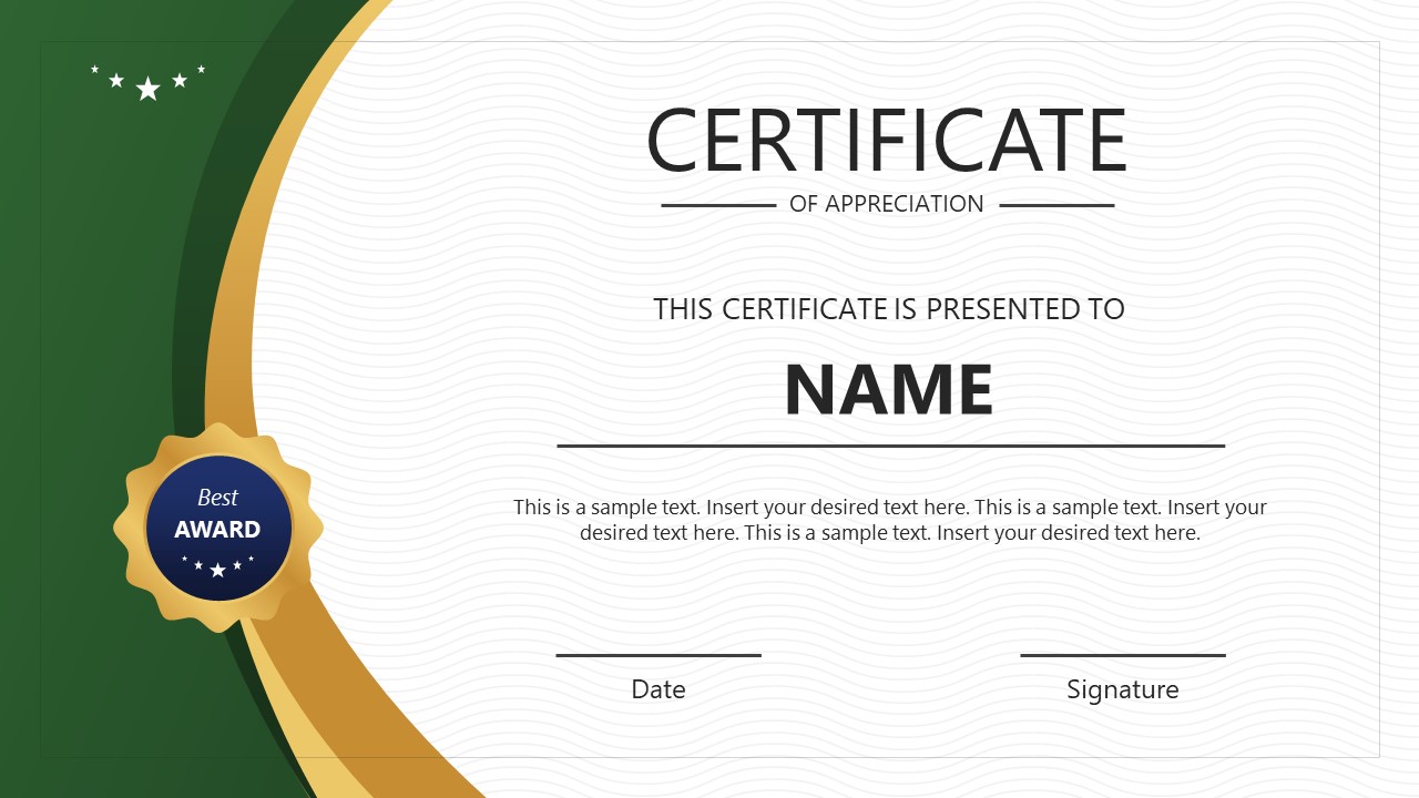 PPT Award Certificate Slide Design - Green Background Color