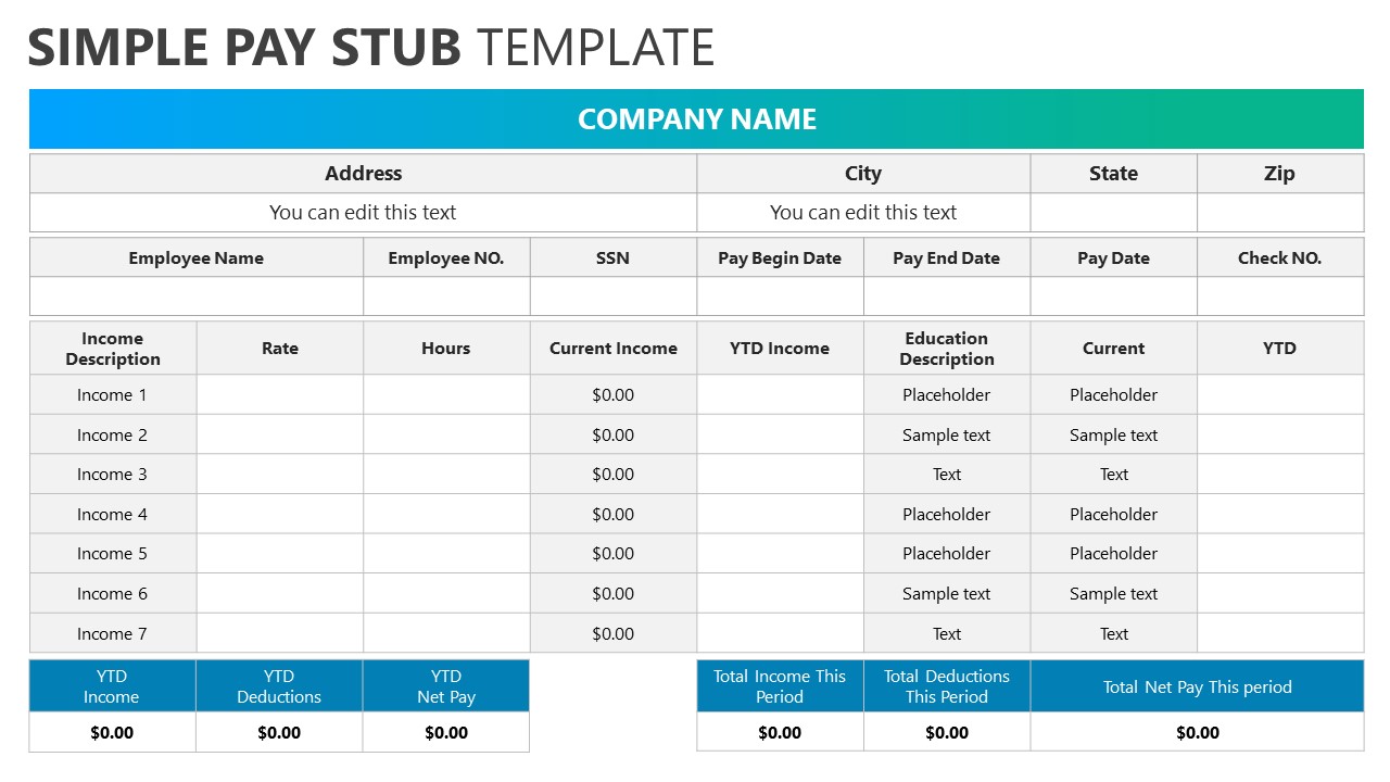 PPT Simple Pay Stub Template Slide