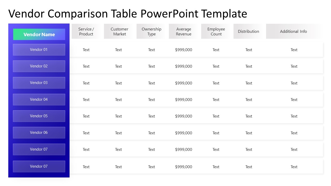 White Background Slide - Vendor Comparison Matrix PowerPoint Template for Presentation