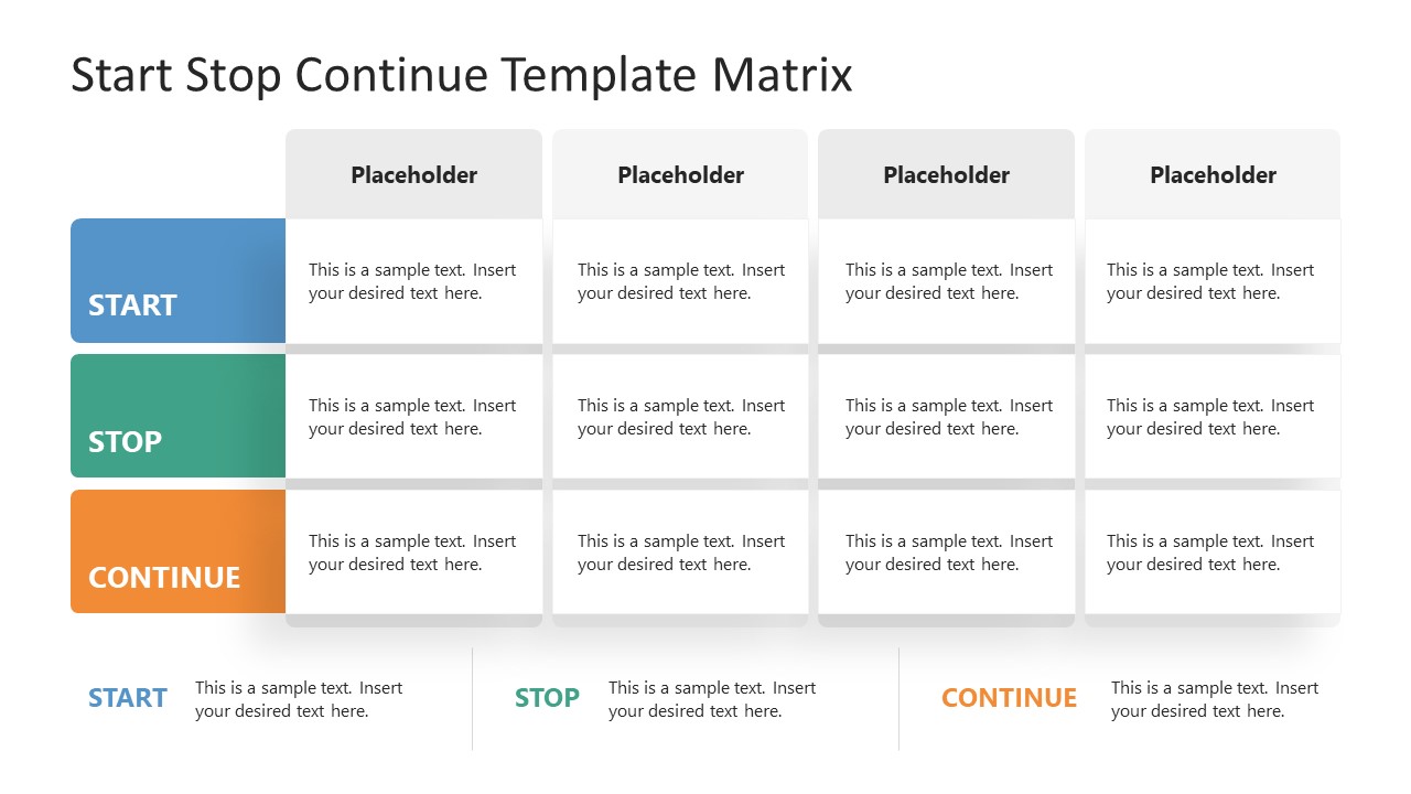 White Background 4 Columns Slide - Start Stop Continue Matrix Template for PowerPoint