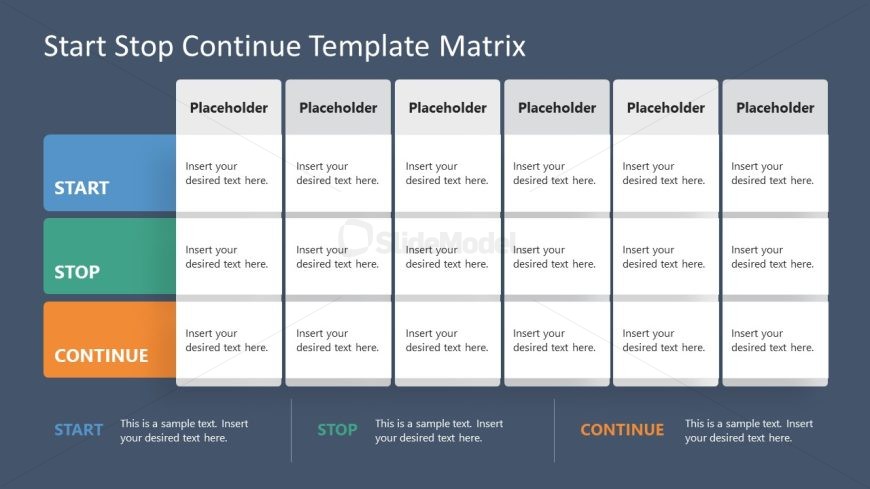 Editable Start Stop Continue Matrix PPT Template - 6 Columns Slide with Dark Background