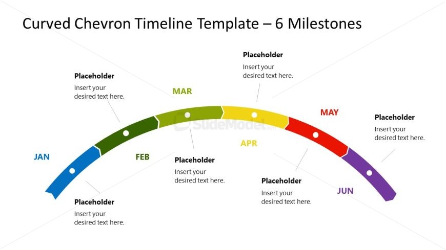 Customizable Curved Chevron Timeline Template Slide with 6-Milestones 