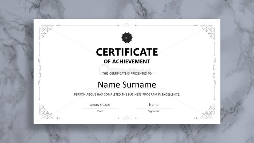 Dark Grey Background Slide for Certificate of Achievement PPT Template 