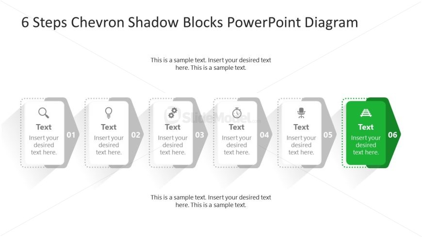 Step Six Spotlight Slide for 6 Steps Chevron Shadow Blocks Diagram PowerPoint Template 