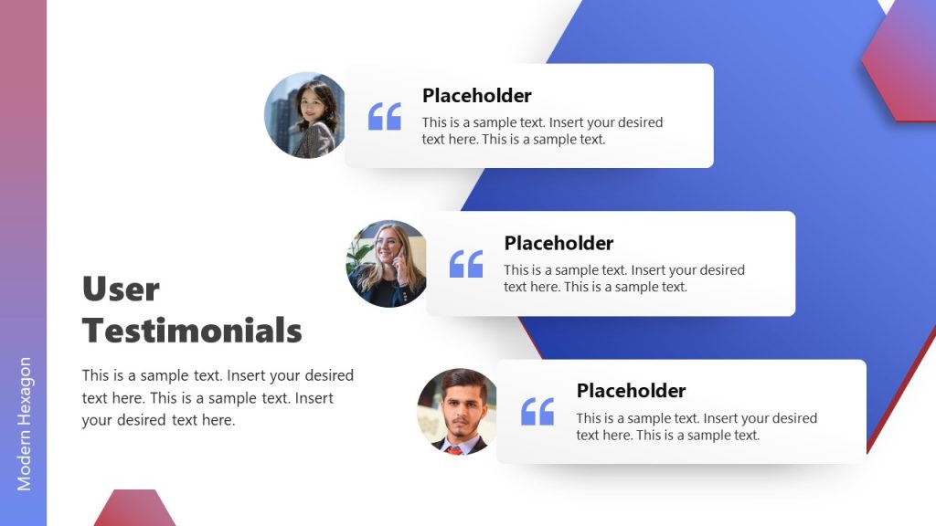 User Testimonials Hexagon Pitch Deck Template Slide - SlideModel