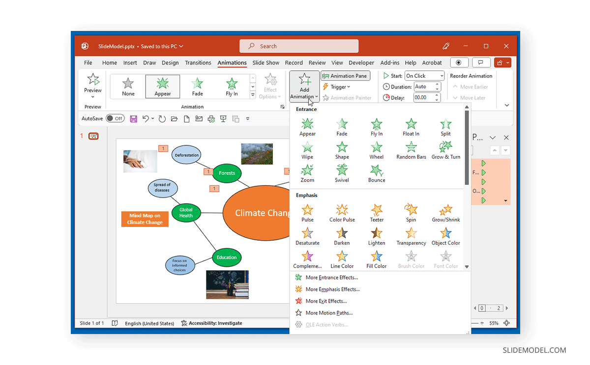 Selecting animation effect for a mind map built in PowerPoint
