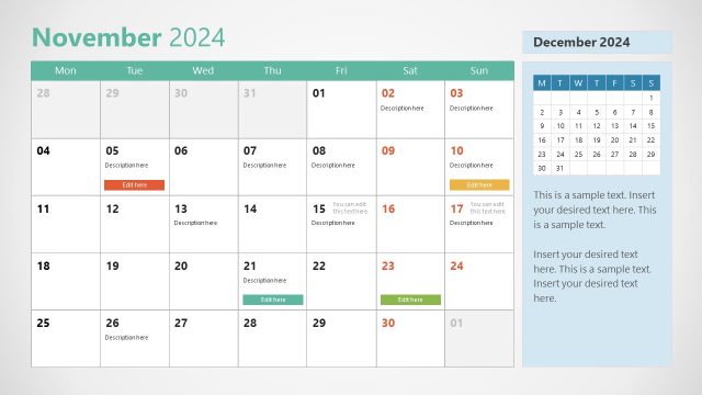 Slide for November – 2024 Calendar Template for Presentation