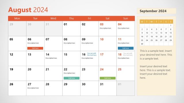 August Slide – 2024 Calendar Template with Red Color