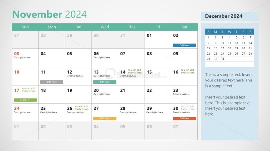 Calendar 2024 Template Slide for November